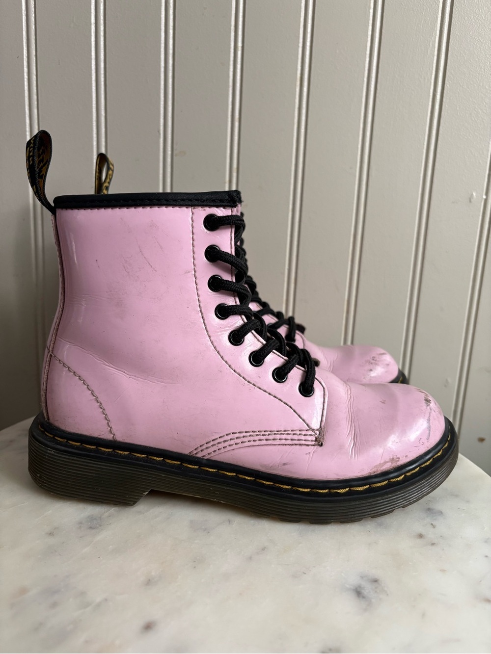 Dr Martens Patent Leather Combat Boots Youth Girls 1 Pink & Black Moto Cool Boho